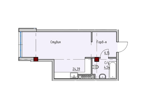 ЖК Пространство на Софиевской: планировка 1-комнатной квартиры 33.37 м²