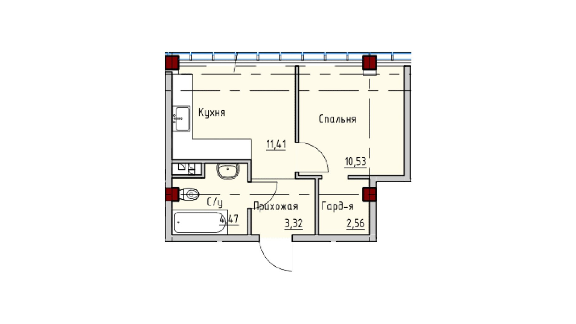 Планування 1-кімнатної квартири в ЖК Пространство на Софіївській 34.47 м², фото 644613