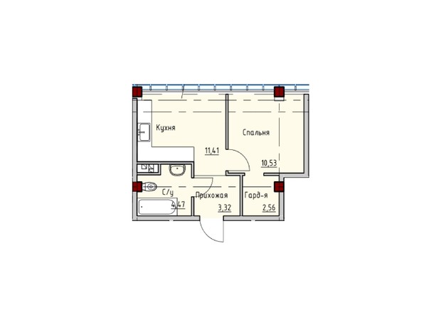 ЖК Пространство на Софиевской: планировка 1-комнатной квартиры 34.47 м²