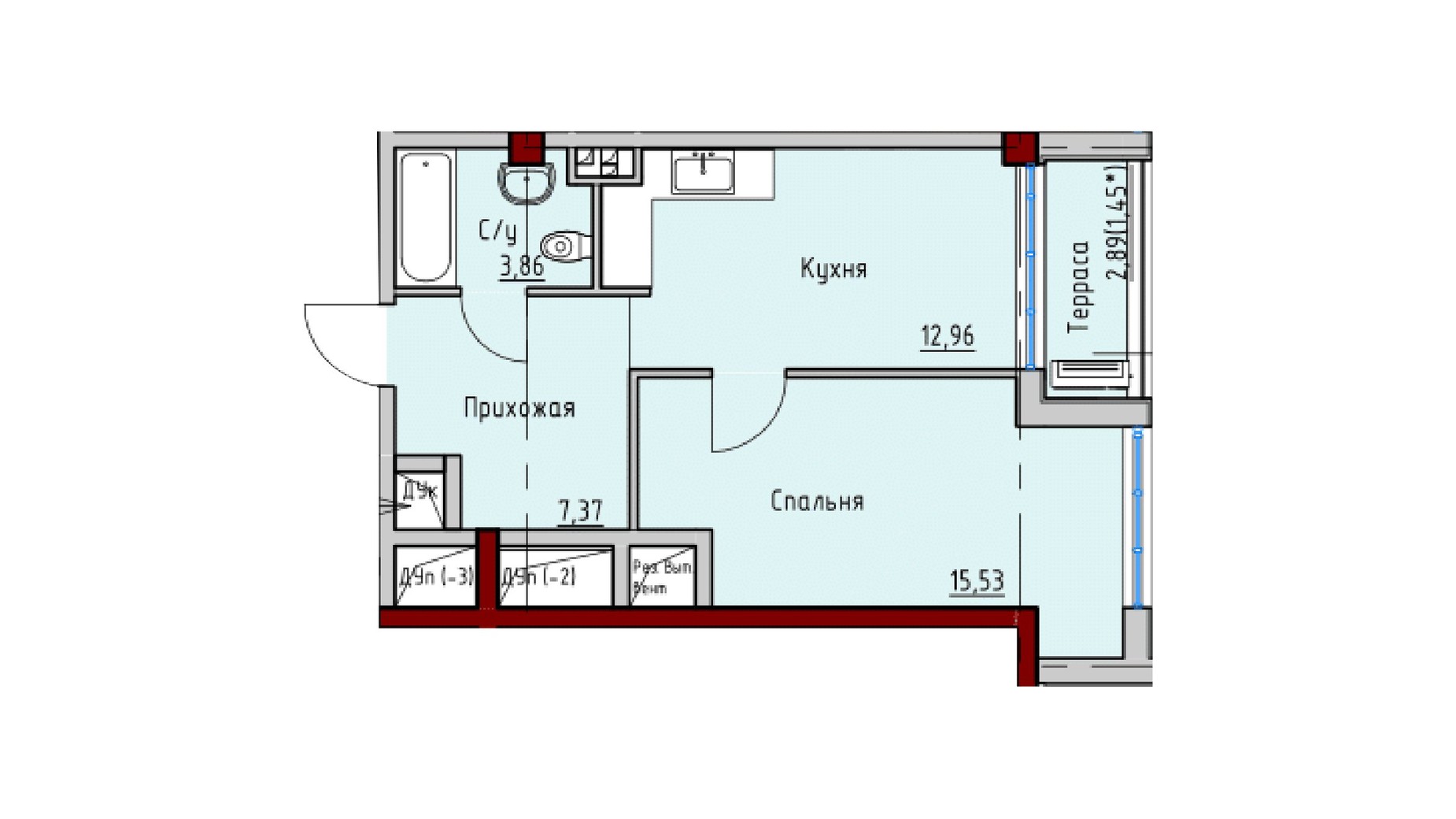 Планування 1-кімнатної квартири в ЖК Пространство на Софіївській 41.12 м², фото 644614