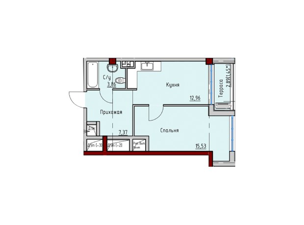 ЖК Пространство на Софиевской: планировка 1-комнатной квартиры 41.12 м²