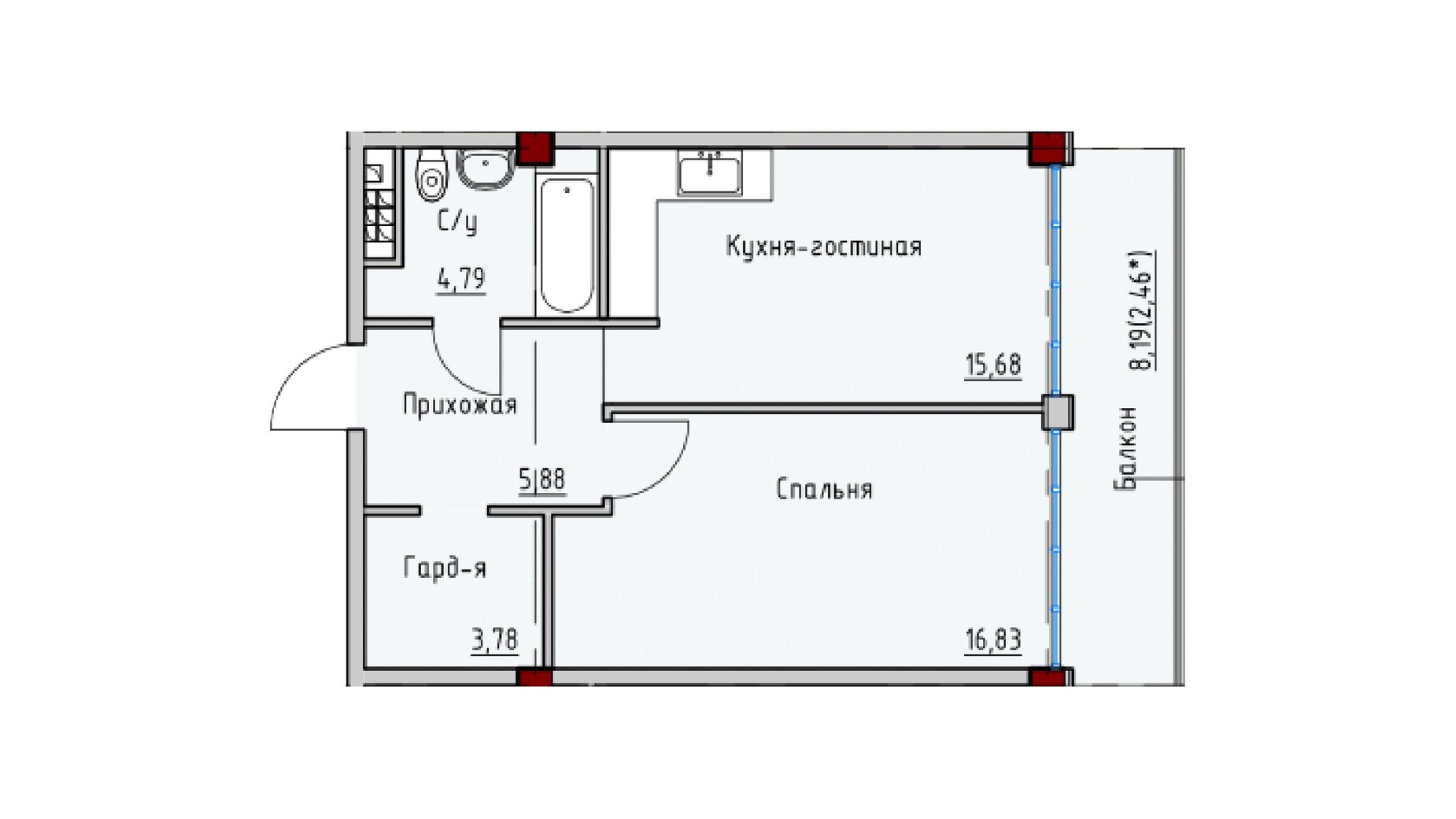 Планування 2-кімнатної квартири в ЖК Пространство на Софіївській 48.27 м², фото 644615