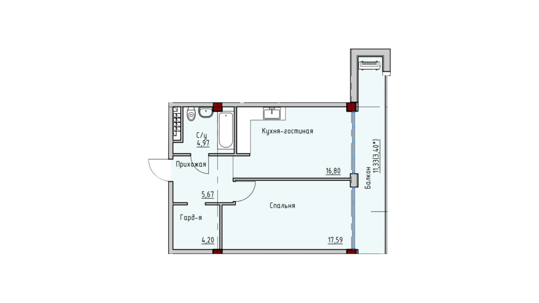 Планування 2-кімнатної квартири в ЖК Пространство на Софіївській 50.63 м², фото 644616