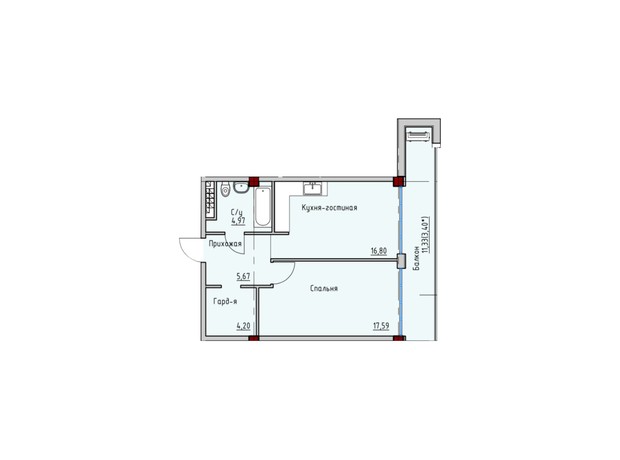 ЖК Пространство на Софиевской: планировка 2-комнатной квартиры 50.63 м²
