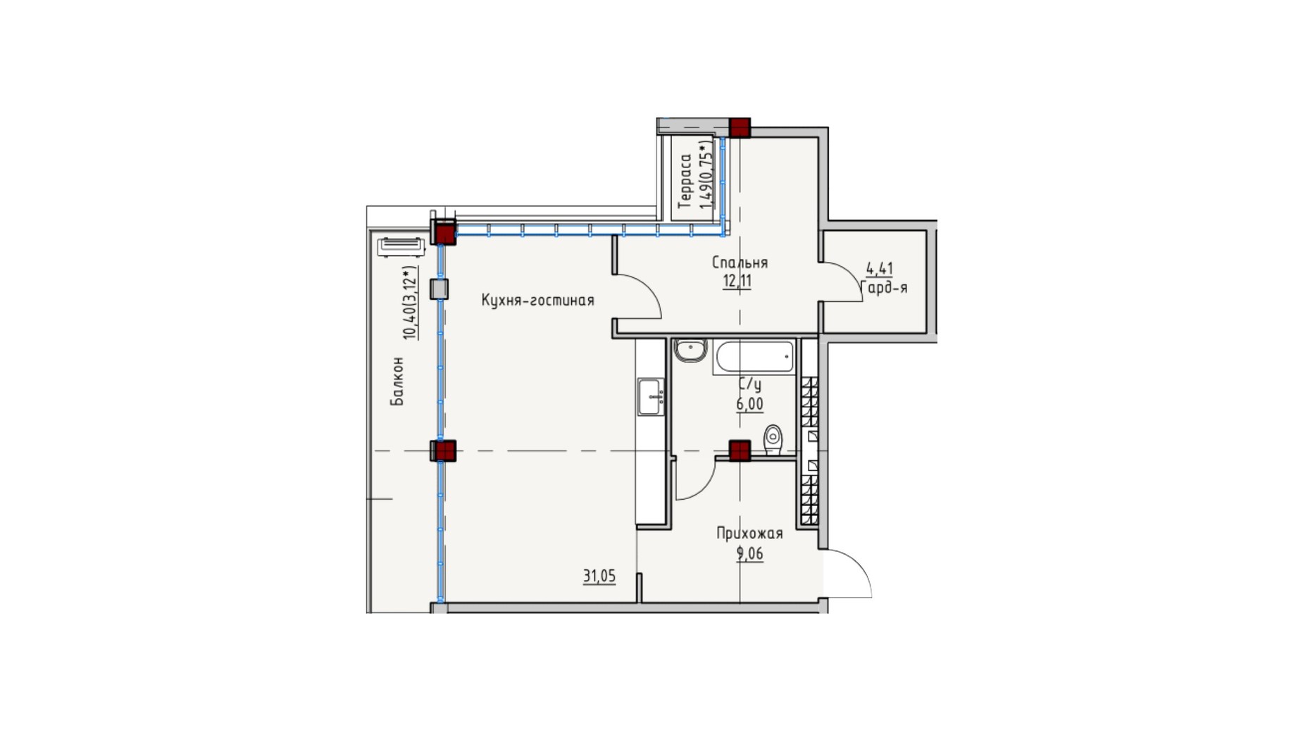 Планування 2-кімнатної квартири в ЖК Пространство на Софіївській 63.67 м², фото 644618