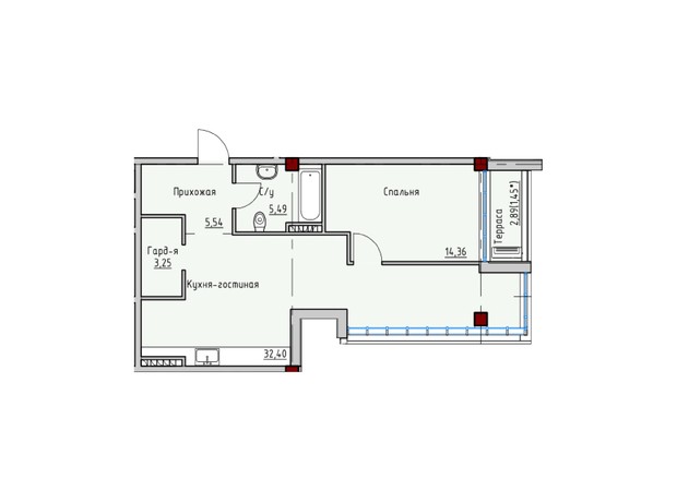 ЖК Пространство на Софиевской: планировка 3-комнатной квартиры 61.35 м²