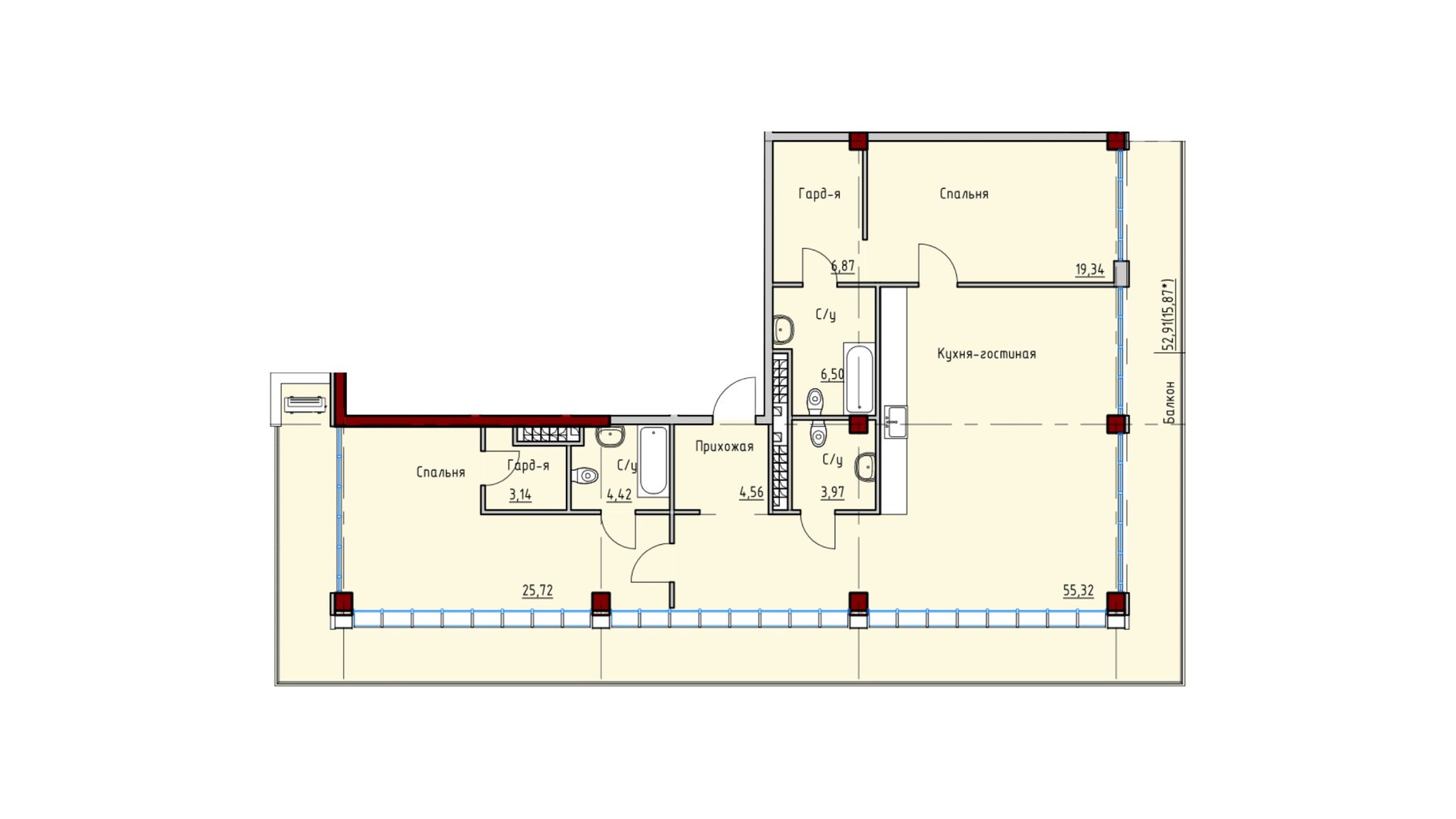 Планування 3-кімнатної квартири в ЖК Пространство на Софіївській 139.72 м², фото 644620