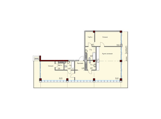 ЖК Пространство на Софиевской: планировка 3-комнатной квартиры 139.72 м²