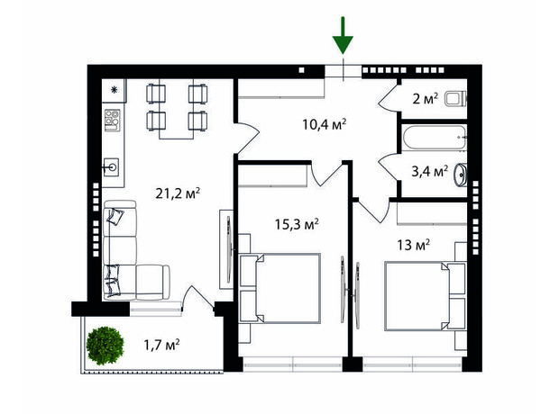 ЖК Park Land: планировка 2-комнатной квартиры 67 м²