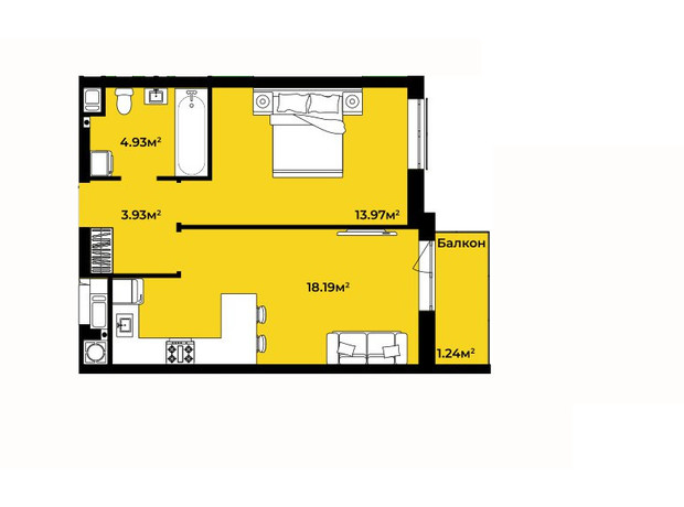 ЖК Continent Life: планування 1-кімнатної квартири 42.26 м²