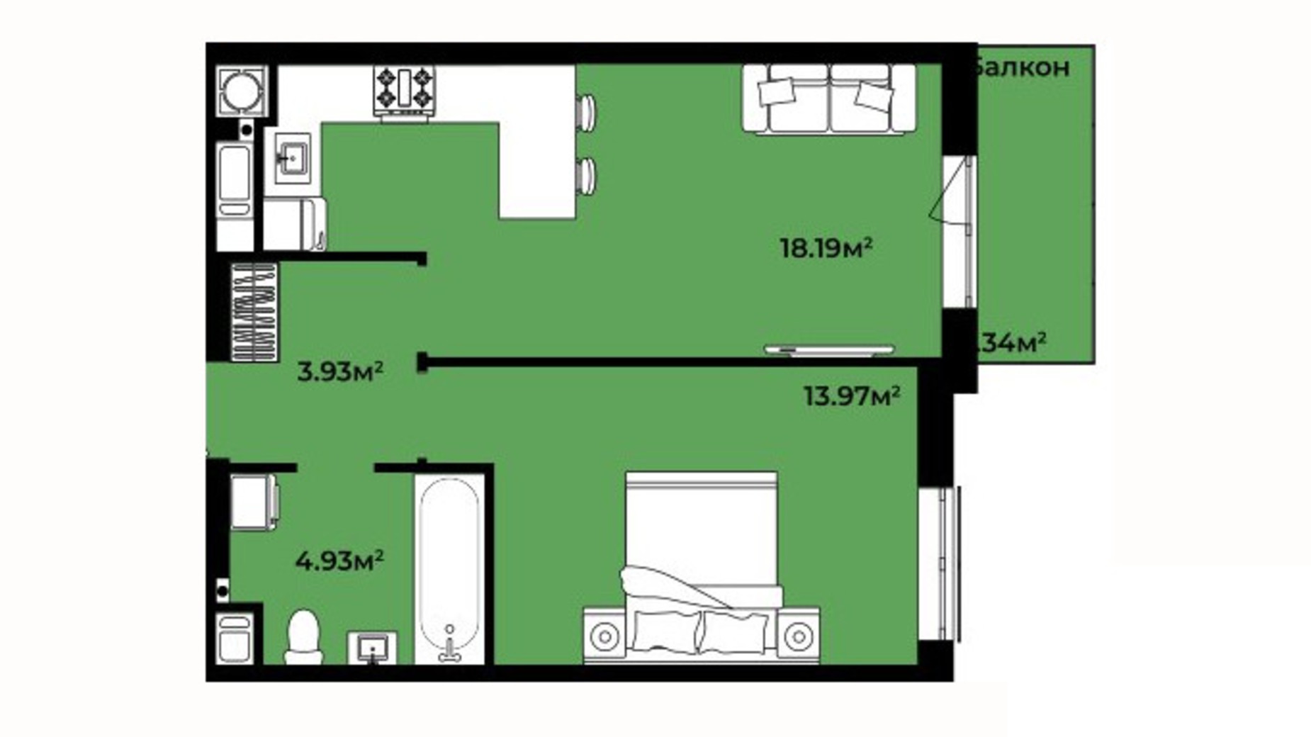 Планировка 1-комнатной квартиры в ЖК Continent Life 42.36 м², фото 644677