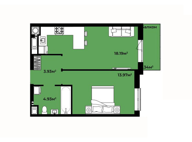 ЖК Continent Life: планировка 1-комнатной квартиры 42.36 м²