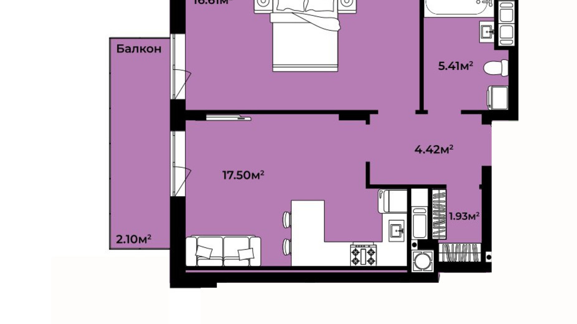 Планування 1-кімнатної квартири в ЖК Continent Life 47.97 м², фото 644678