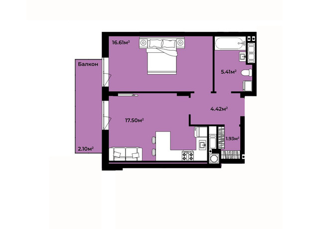 ЖК Continent Life: планировка 1-комнатной квартиры 47.97 м²