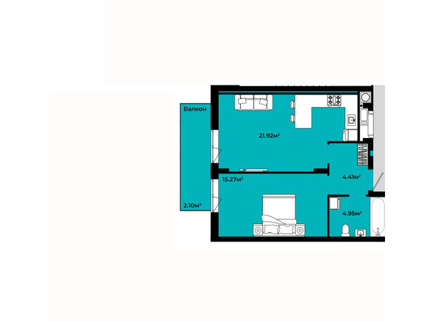 ЖК Continent Life: планування 1-кімнатної квартири 48.65 м²