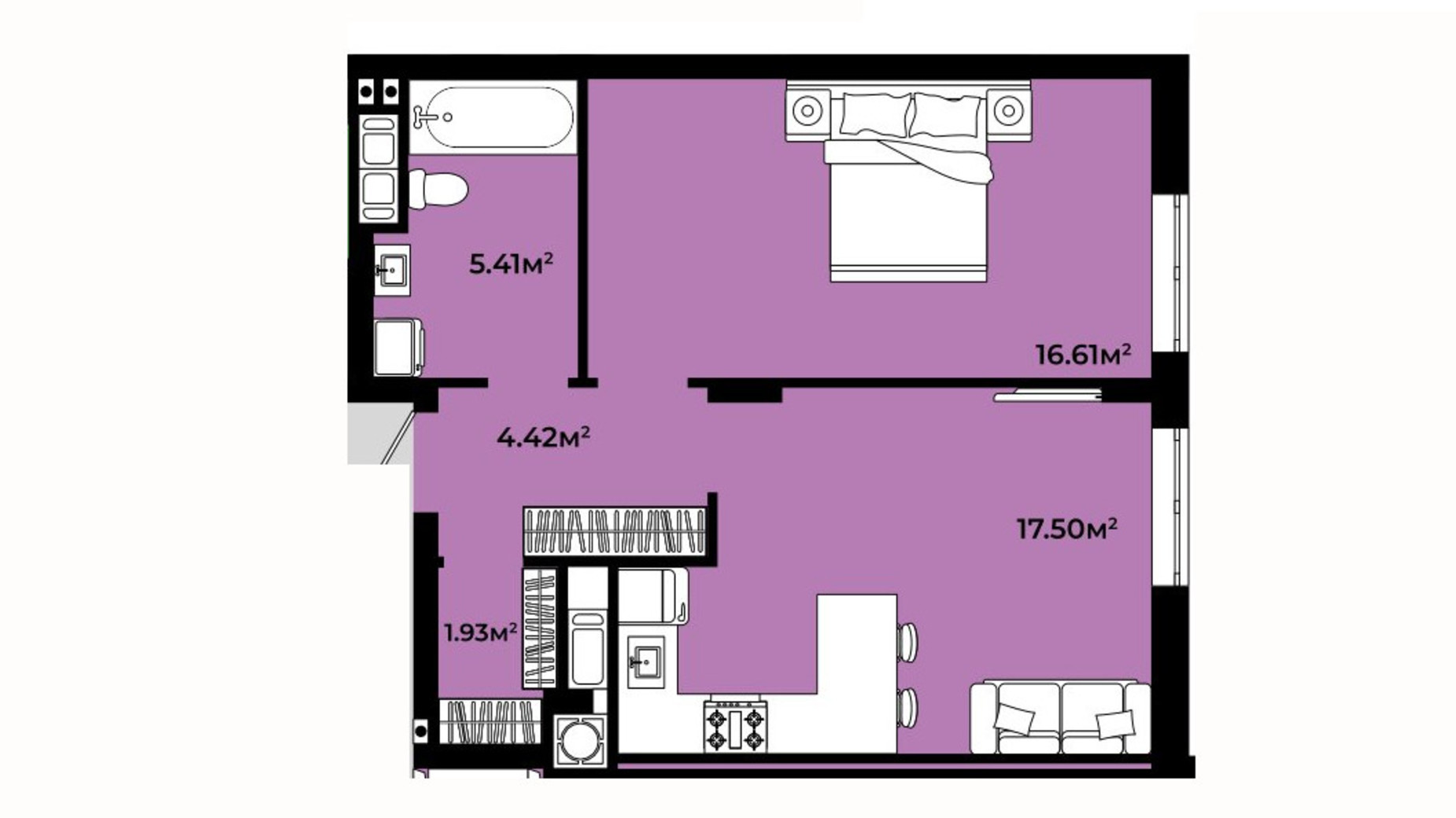 Планування 1-кімнатної квартири в ЖК Continent Life 45.87 м², фото 644680
