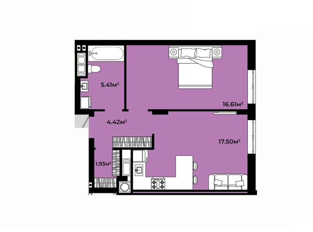 ЖК Continent Life: планировка 1-комнатной квартиры 45.87 м²