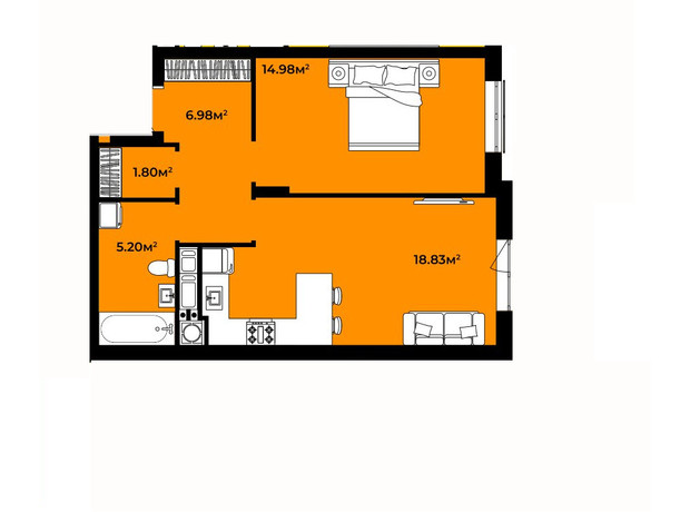 ЖК Continent Life: планування 1-кімнатної квартири 50.92 м²