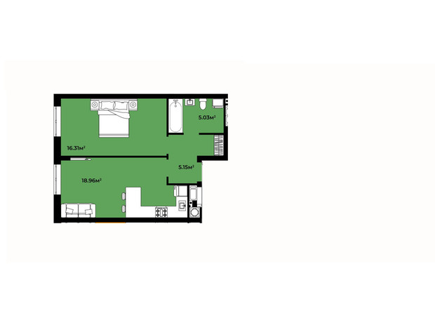 ЖК Continent Life: планування 1-кімнатної квартири 45.45 м²
