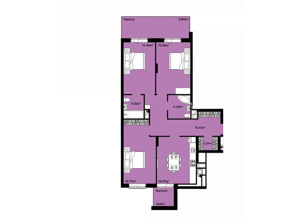 ЖК Continent Life: планування 3-кімнатної квартири 94.22 м²