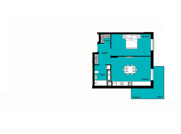 ЖК Continent Life: планування 1-кімнатної квартири 52.51 м²