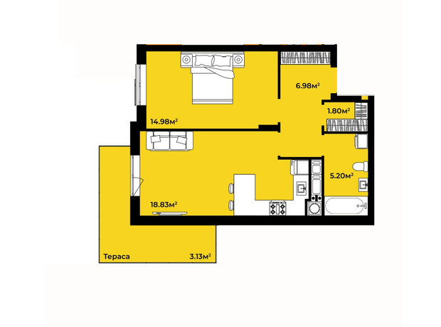 ЖК Continent Life: планування 1-кімнатної квартири 50.92 м²