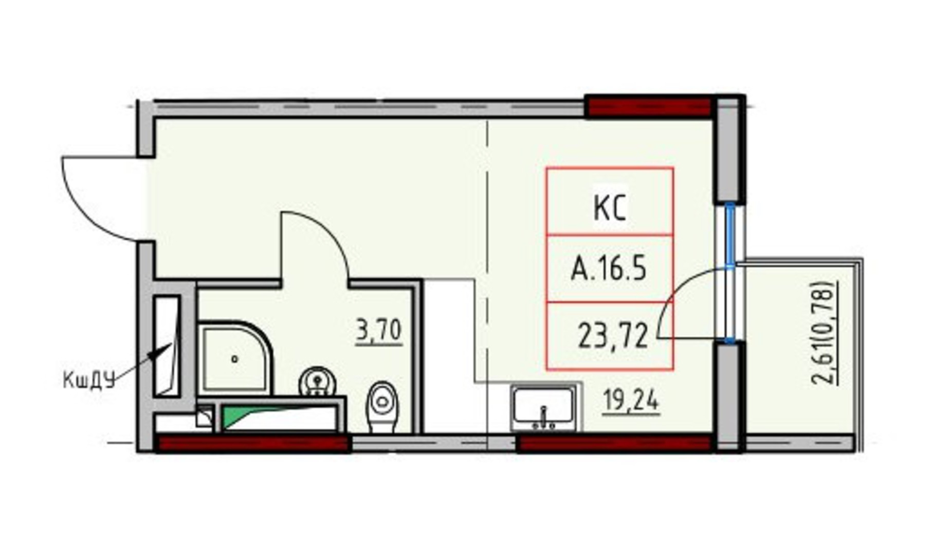 Планування 1-кімнатної квартири в ЖК ITown 23.72 м², фото 644884