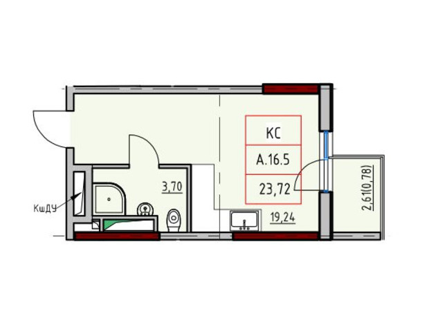 ЖК ITown: планировка 1-комнатной квартиры 23.72 м²