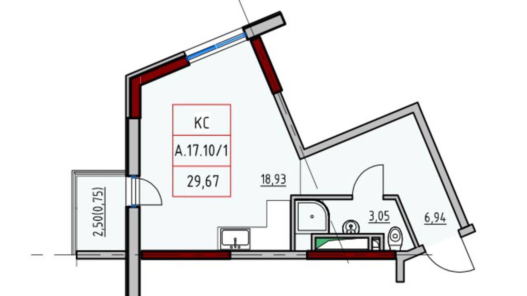 Планування 1-кімнатної квартири в ЖК ITown 29.67 м², фото 644885