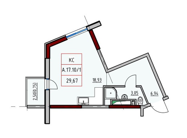 ЖК ITown: планування 1-кімнатної квартири 29.67 м²