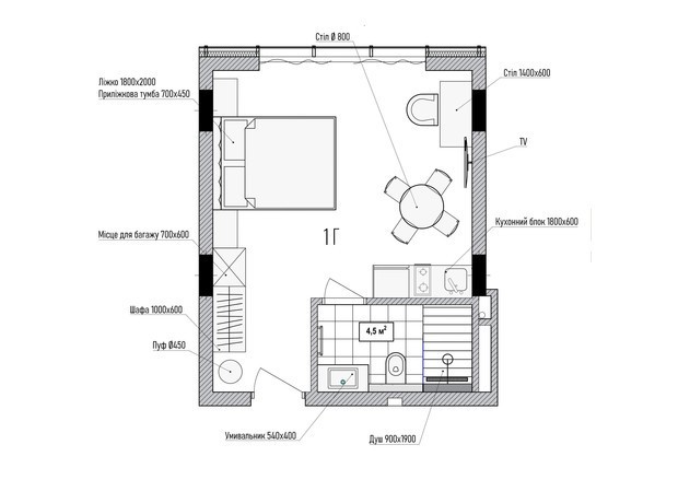 Апарт-комплекс Le Meandre: планировка 1-комнатной квартиры 28.7 м²