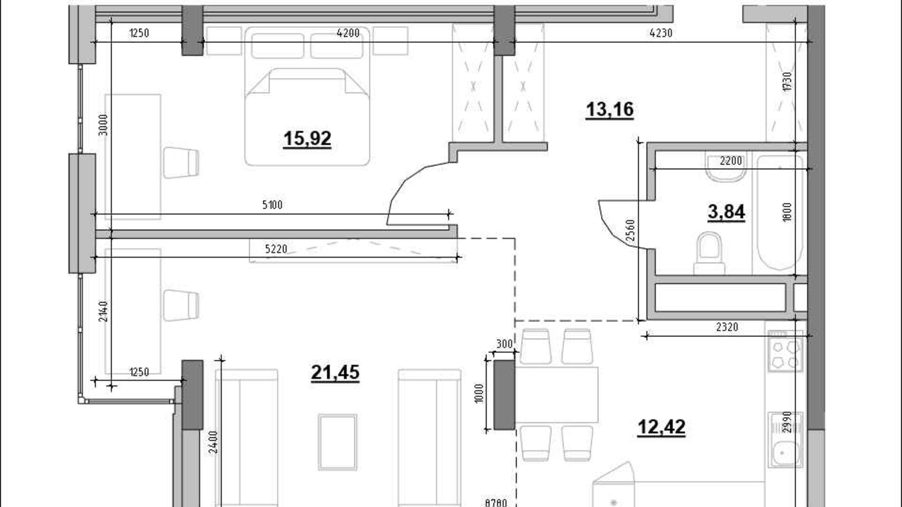 Планировка 2-комнатной квартиры в ЖК Америка 68.1 м², фото 645066