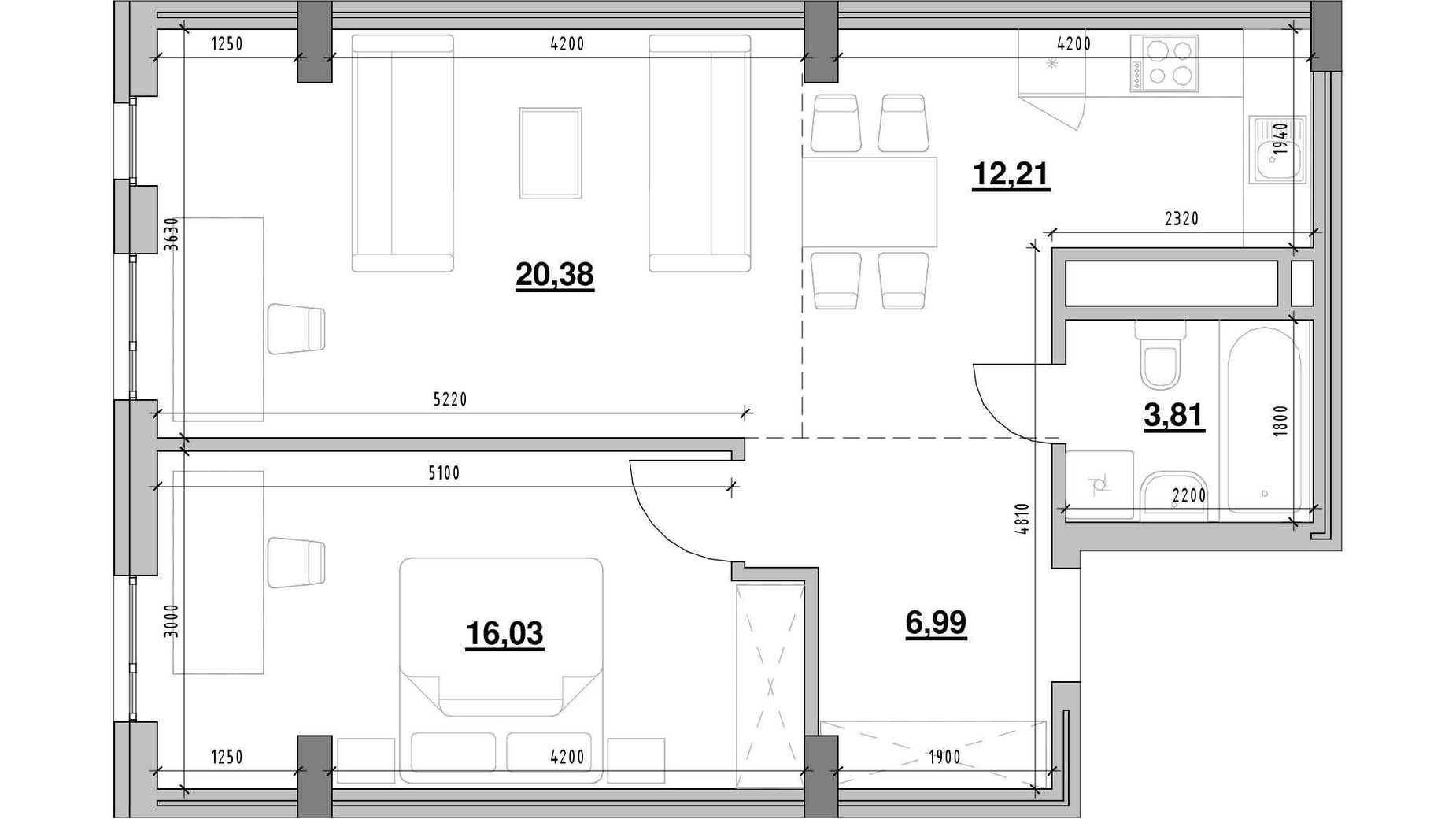 Планировка 2-комнатной квартиры в ЖК Америка 60.1 м², фото 645070