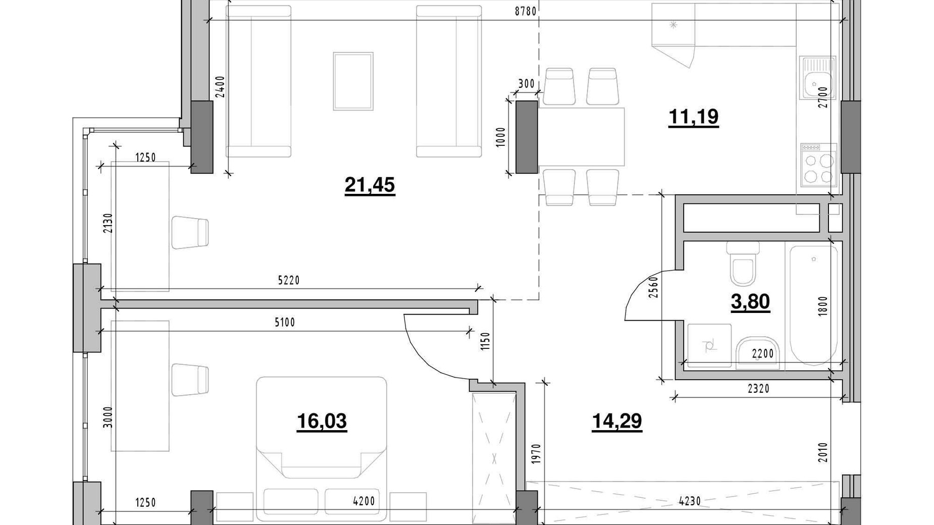 Планування 2-кімнатної квартири в ЖК Америка 67.3 м², фото 645071