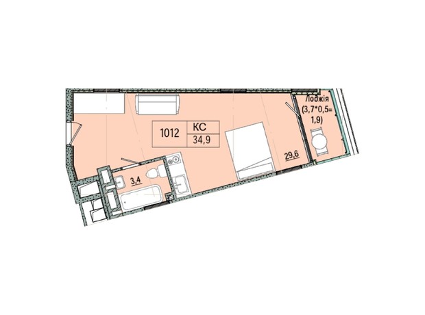 отель ARCHotel: планировка 1-комнатной квартиры 34.81 м²