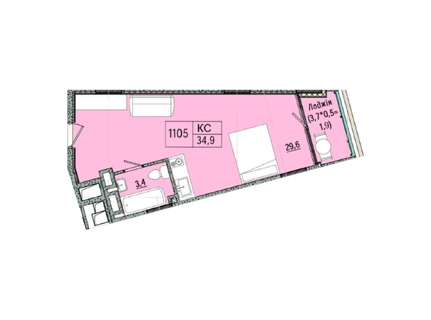 готель ARCHotel: планування 1-кімнатної квартири 34.85 м²