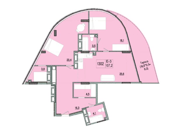 отель ARCHotel: планировка 2-комнатной квартиры 107.98 м²