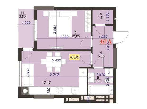 ЖК Light home: планировка 1-комнатной квартиры 42.06 м²