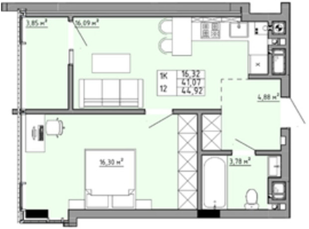 ЖК Family House : планування 1-кімнатної квартири 44.9 м²