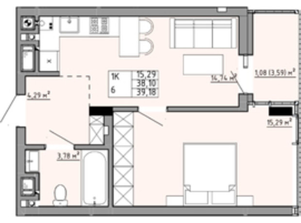 ЖК Family House : планировка 1-комнатной квартиры 39.18 м²