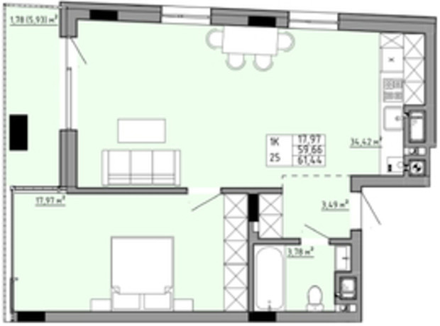 ЖК Family House : планировка 2-комнатной квартиры 61.44 м²