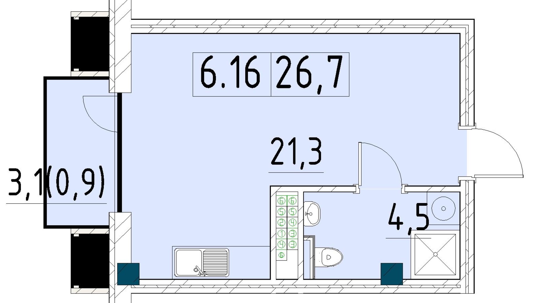 Планування 1-кімнатної квартири в ЖК Рішельєвський Пасаж 26.7 м², фото 646505