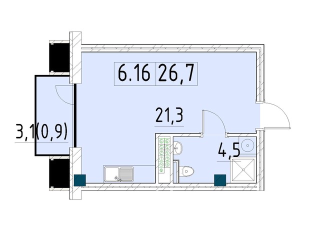 ЖК Ришельевский Пассаж: планировка 1-комнатной квартиры 26.7 м²