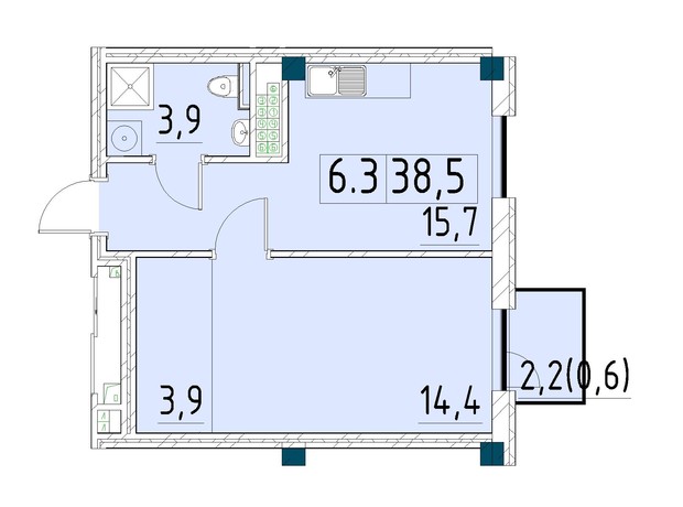 ЖК Ришельевский Пассаж: планировка 1-комнатной квартиры 38.5 м²