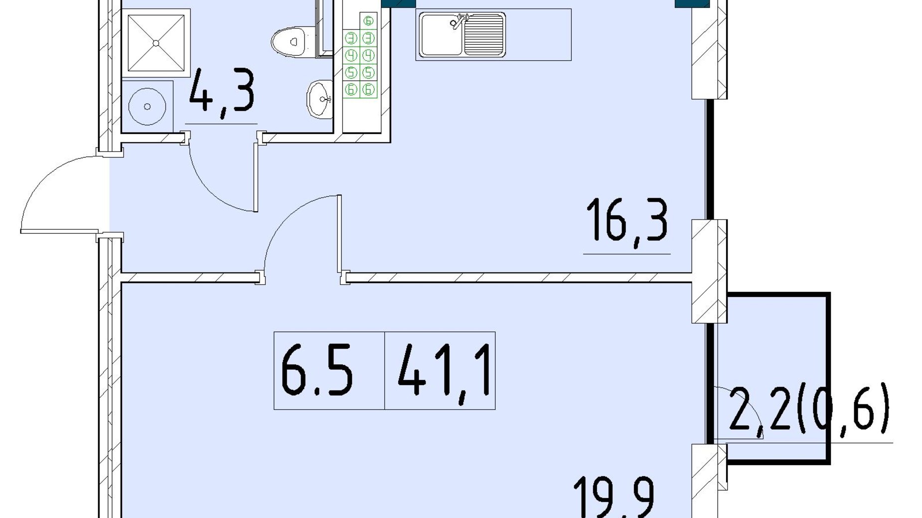 Планування 1-кімнатної квартири в ЖК Рішельєвський Пасаж 41.1 м², фото 646507