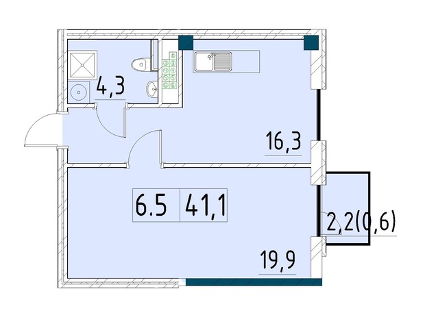 ЖК Ришельевский Пассаж: планировка 1-комнатной квартиры 41.1 м²