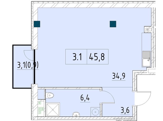 ЖК Ришельевский Пассаж: планировка 1-комнатной квартиры 45.8 м²