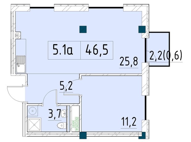 ЖК Ришельевский Пассаж: планировка 1-комнатной квартиры 46.5 м²