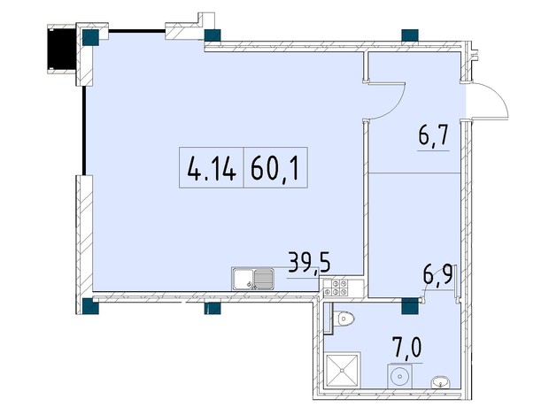 ЖК Рішельєвський Пасаж: планування 1-кімнатної квартири 60.1 м²