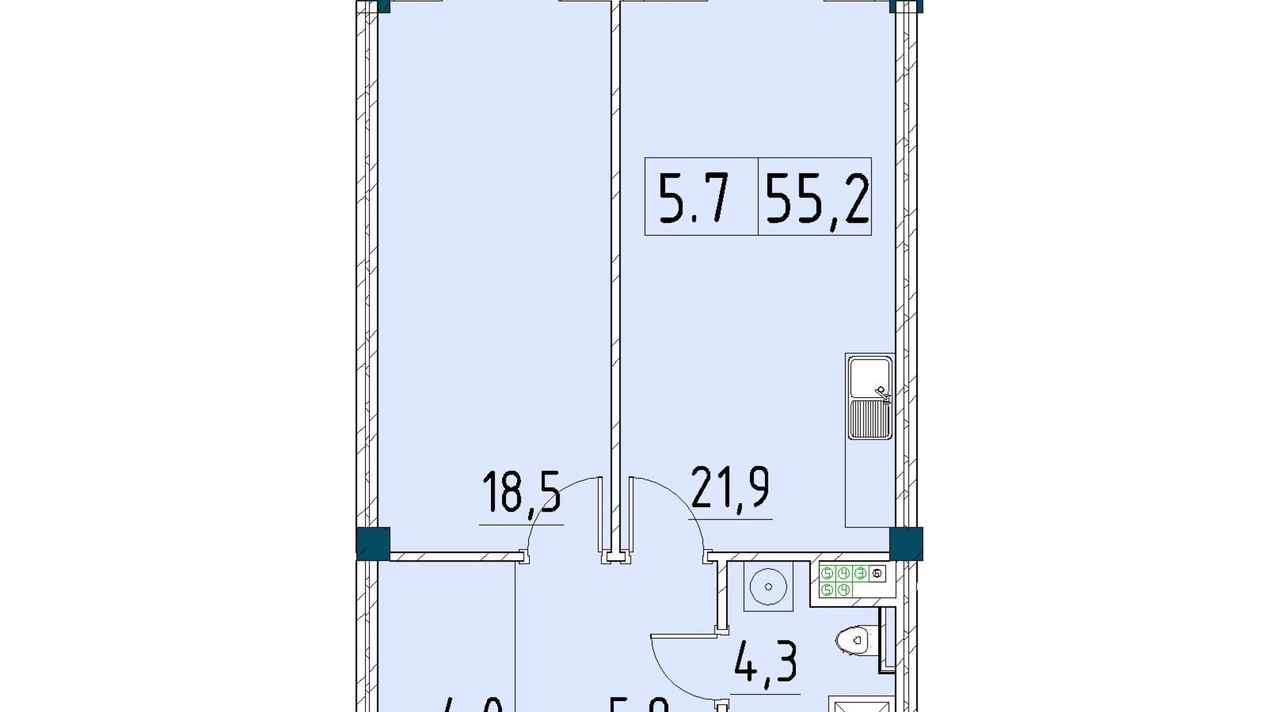 Планування 1-кімнатної квартири в ЖК Рішельєвський Пасаж 55.2 м², фото 646512